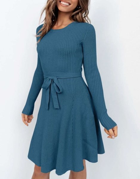 Women's Crewneck Long Sleeve Tie Waist A-Line Swing Bodycon Short Dress Casual Solid Ribbed Knit Sweater Dress