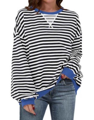 Women Striped Oversized Sweatshirt Long Sleeve Crewneck Shirts 2024 Fall Fashion Pullover Sweater Trendy Clothes