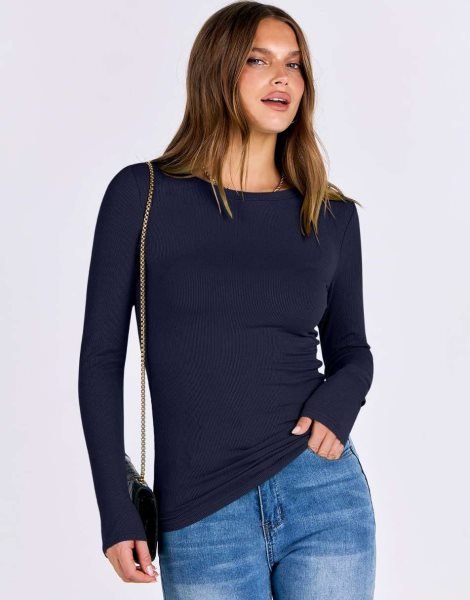 Women Long Sleeve Crewneck Rib Knit Slim Fit Shirts Basic Tee Tops 2024 Casual T-Shirt Going Out Workout Outfits