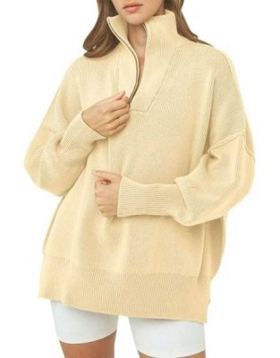 Women's Oversized Sweater 2023 Fall Long Sleeve Quarter Zipper Collar Drop Shoulder Slouchy Pullover Tops