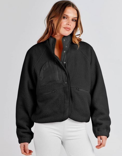 Womens Fleece Jacket Button Down Shacket Casual Sherpa Cropped Coats Warm Outwear with Pockets