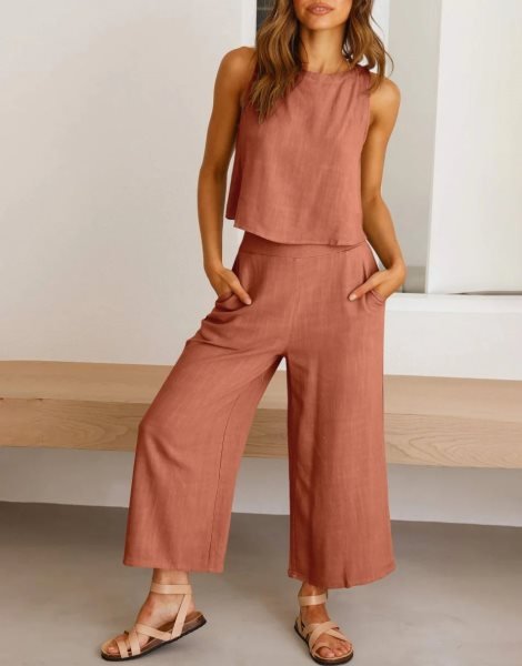 Sleeveless Tank Crop Button Back Top Cropped Pants Set With Pockets