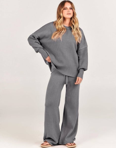 Women 2 Piece Outfits Sweatsuit Oversized Sweater Set & Wide Leg Pants Fall Chunky Lounge Set