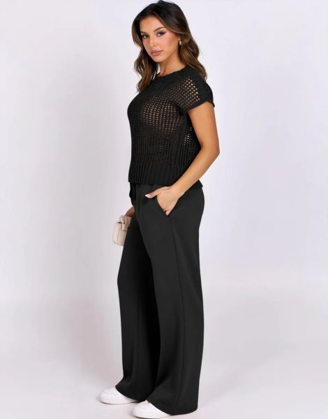 Women Two Piece Outfits Crochet Sheer Knit Sweater Top Wide Leg Pants Lounge Matching Sets Sweatsuit Travel Clothes