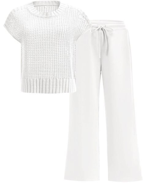 Women Two Piece Outfits Crochet Sheer Knit Sweater Top Wide Leg Pants Lounge Matching Sets Sweatsuit Travel Clothes
