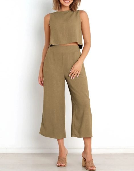 Sleeveless Tank Crop Button Back Top Cropped Pants Set With Pockets