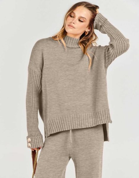 Women's Two Piece Outfits Sweater Sets Long Sleeve Knit Pullover and Wide Leg Pants Lounge Sets