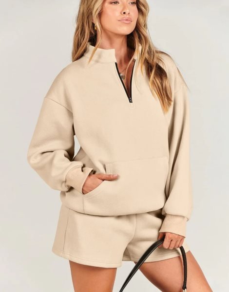 Sweatsuit Oversized Half Zip Collared Sweatshirt & Short Lounge Wear Tacksuit Set