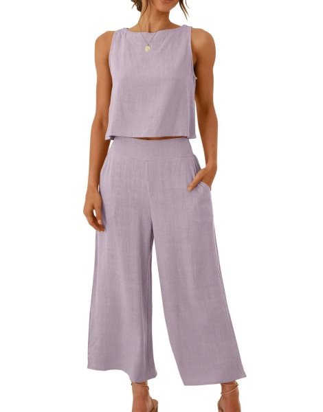 Sleeveless Tank Crop Button Back Top Cropped Pants Set With Pockets