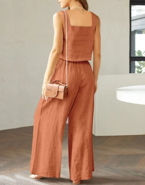 2 Piece Outfits Square Neck Sleeveless Tank Crop Top & Wide Leg Pants Lounge Set