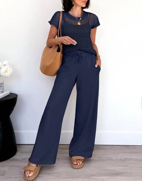 Women Two Piece Outfits Crochet Sheer Knit Sweater Top Wide Leg Pants Lounge Matching Sets Sweatsuit Travel Clothes