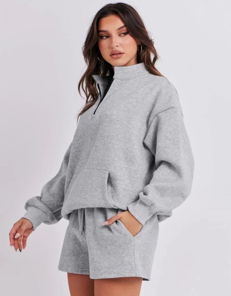 Sweatsuit Oversized Half Zip Collared Sweatshirt & Short Lounge Wear Tacksuit Set