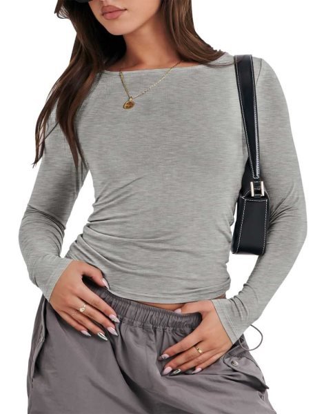 Women Long Sleeve Slim Fit Crop Top Going Out Tight T-Shirt Trendy Tees Streetwear