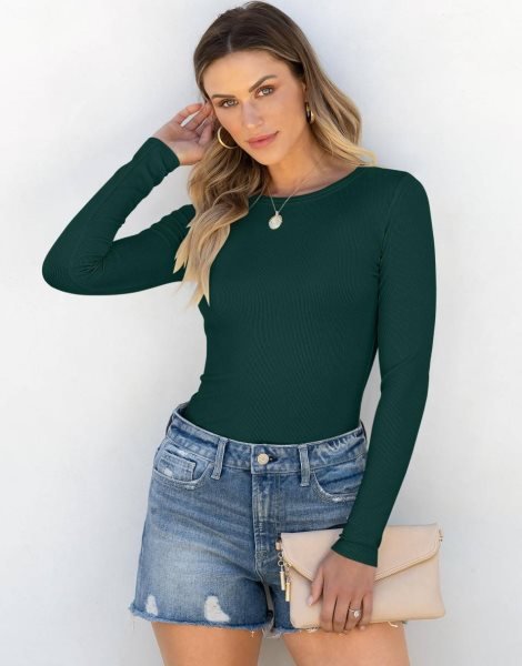 Women Long Sleeve Crewneck Rib Knit Slim Fit Shirts Basic Tee Tops 2024 Casual T-Shirt Going Out Workout Outfits