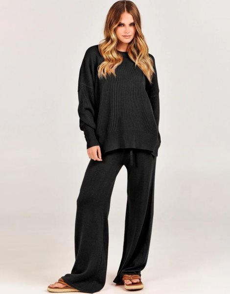 Women 2 Piece Outfits Sweatsuit Oversized Sweater Set & Wide Leg Pants Fall Chunky Lounge Set