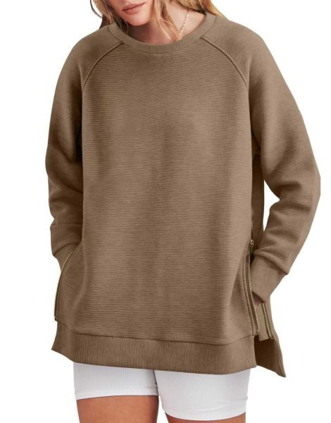 Women's Sweatshirts Long Sleeve Tunic Tops Crew Neck Soft Pullover With Side Zipper Shirt Clothes 2023