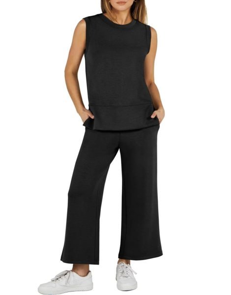 Women's 2 Piece Sets Summer Outfits Sleeveless Wide Leg Tracksuits Casual Sweat Sets Lounge Sweatsuits