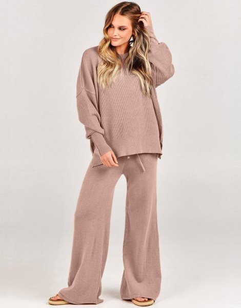 Women 2 Piece Outfits Sweatsuit Oversized Sweater Set & Wide Leg Pants Fall Chunky Lounge Set