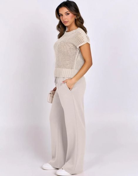 Women Two Piece Outfits Crochet Sheer Knit Sweater Top Wide Leg Pants Lounge Matching Sets Sweatsuit Travel Clothes