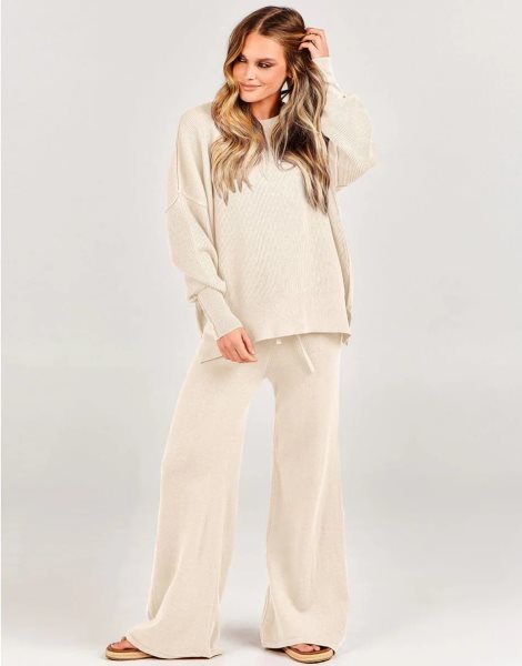 Women 2 Piece Outfits Sweatsuit Oversized Sweater Set & Wide Leg Pants Fall Chunky Lounge Set