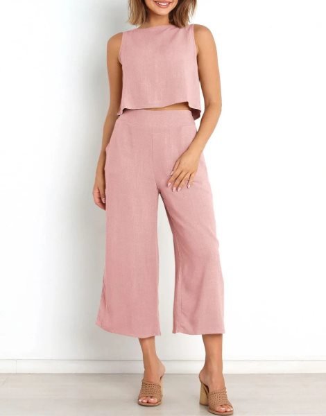 Sleeveless Tank Crop Button Back Top Cropped Pants Set With Pockets