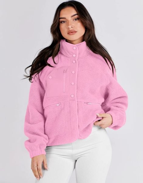 Womens Fleece Jacket Button Down Shacket Casual Sherpa Cropped Coats Warm Outwear with Pockets