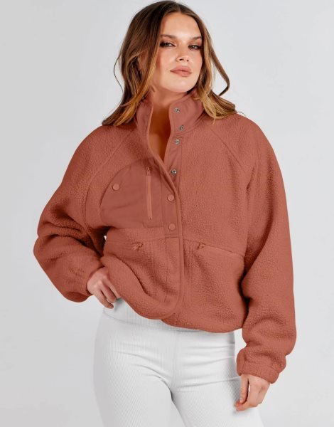 Womens Fleece Jacket Button Down Shacket Casual Sherpa Cropped Coats Warm Outwear with Pockets