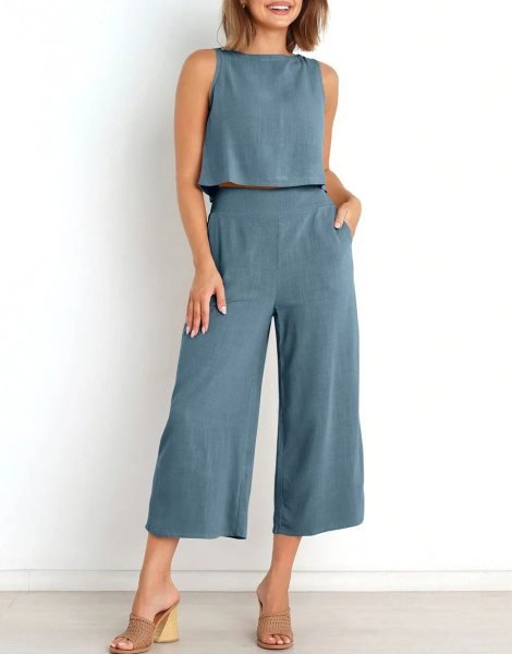 Sleeveless Tank Crop Button Back Top Cropped Pants Set With Pockets