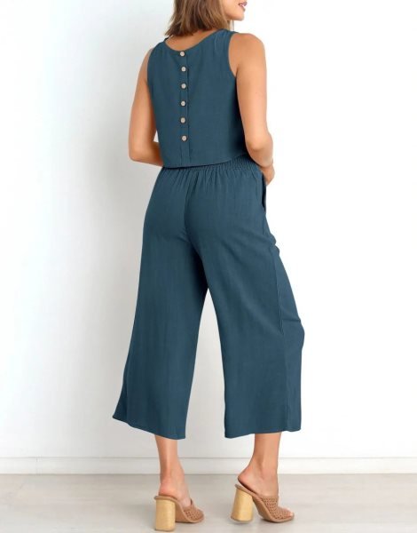 Sleeveless Tank Crop Button Back Top Cropped Pants Set With Pockets
