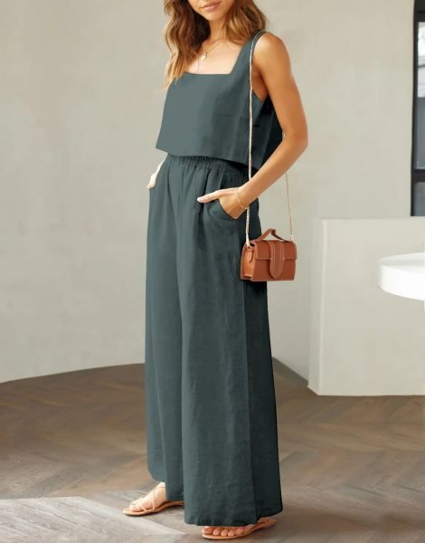 2 Piece Outfits Square Neck Sleeveless Tank Crop Top & Wide Leg Pants Lounge Set