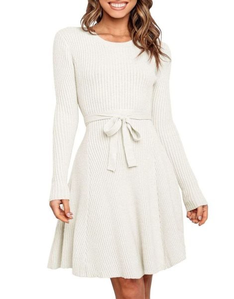 Women's Crewneck Long Sleeve Tie Waist A-Line Swing Bodycon Short Dress Casual Solid Ribbed Knit Sweater Dress
