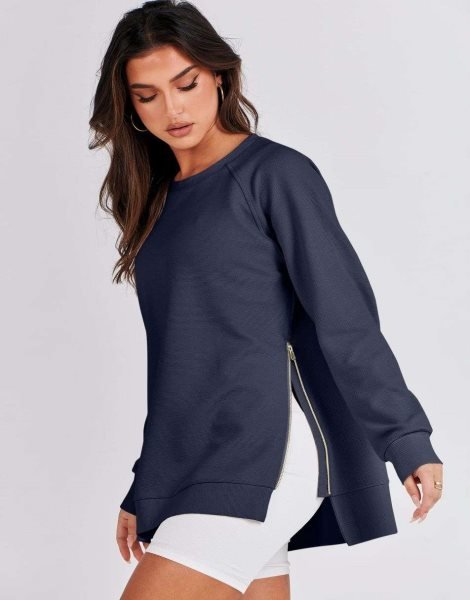 Women's Sweatshirts Long Sleeve Tunic Tops Crew Neck Soft Pullover With Side Zipper Shirt Clothes 2023