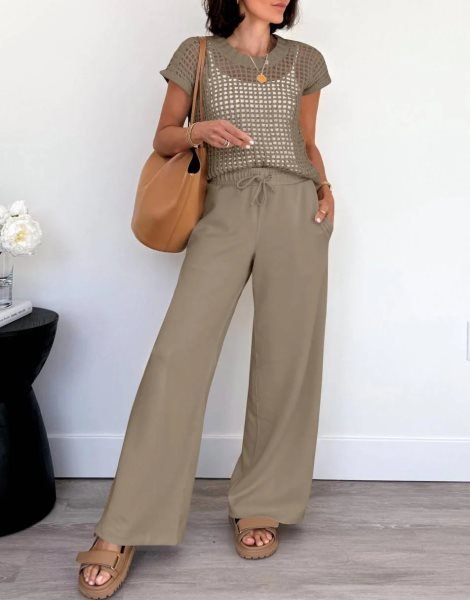 Women Two Piece Outfits Crochet Sheer Knit Sweater Top Wide Leg Pants Lounge Matching Sets Sweatsuit Travel Clothes