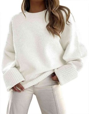 Women's Crewneck Long Sleeve Oversized Fuzzy Knit Chunky Warm Pullover Sweater Top