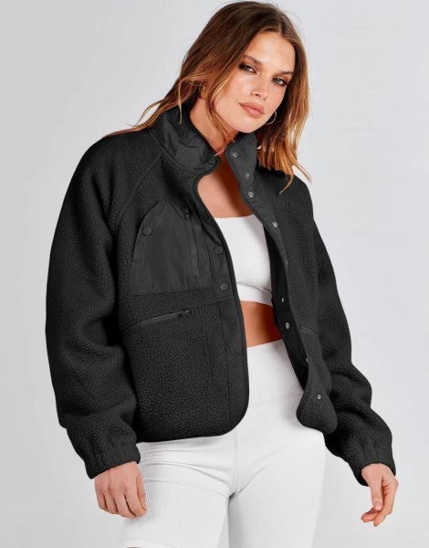 Womens Fleece Jacket Button Down Shacket Casual Sherpa Cropped Coats Warm Outwear with Pockets