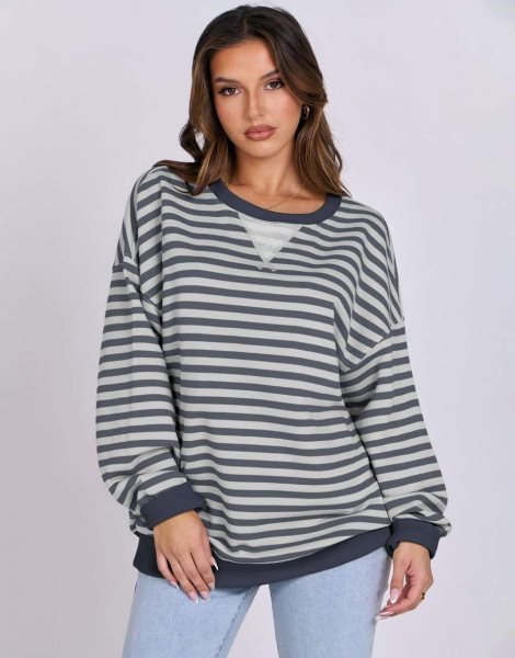 Women Striped Oversized Sweatshirt Long Sleeve Crewneck Shirts 2024 Fall Fashion Pullover Sweater Trendy Clothes