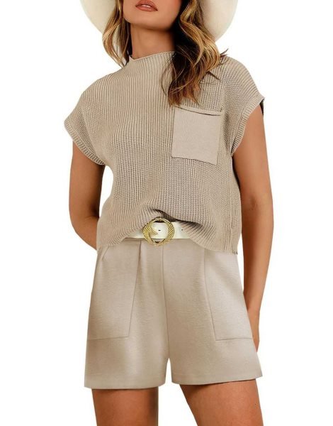 Women's Two Piece Outfits Sweater Short Sets Knit Pullover Tops and Shorts Lounge Set Tracksuit
