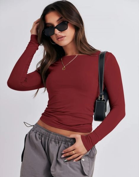 Women Long Sleeve Slim Fit Crop Top Going Out Tight T-Shirt Trendy Tees Streetwear