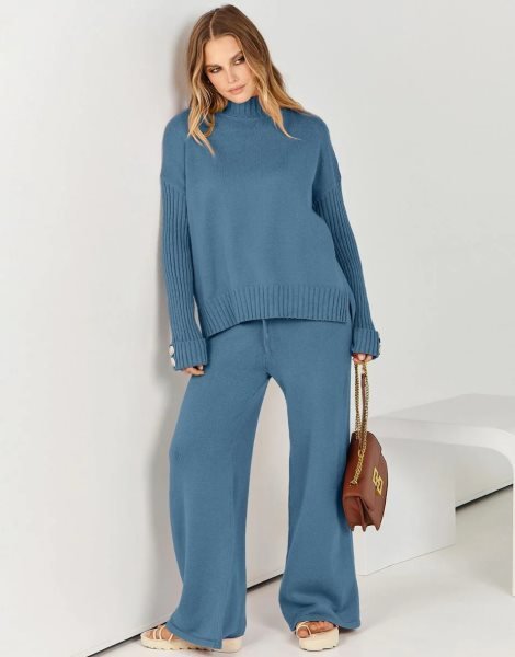Women's Two Piece Outfits Sweater Sets Long Sleeve Knit Pullover and Wide Leg Pants Lounge Sets