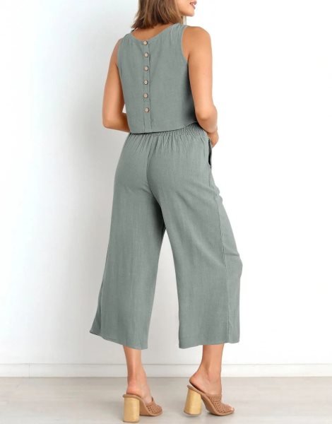 Sleeveless Tank Crop Button Back Top Cropped Pants Set With Pockets