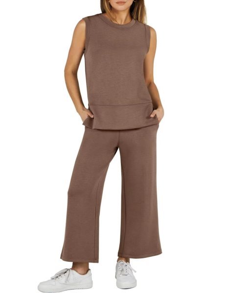 Women's 2 Piece Sets Summer Outfits Sleeveless Wide Leg Tracksuits Casual Sweat Sets Lounge Sweatsuits