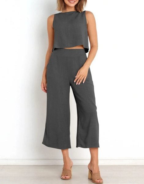 Sleeveless Tank Crop Button Back Top Cropped Pants Set With Pockets