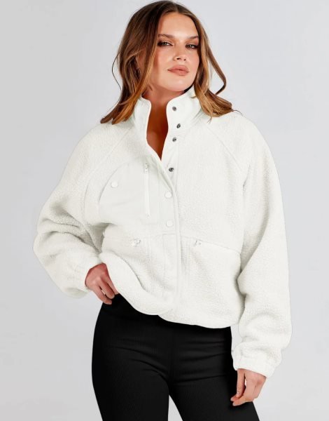 Womens Fleece Jacket Button Down Shacket Casual Sherpa Cropped Coats Warm Outwear with Pockets
