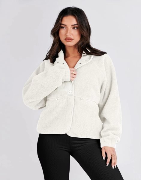 Womens Fleece Jacket Button Down Shacket Casual Sherpa Cropped Coats Warm Outwear with Pockets