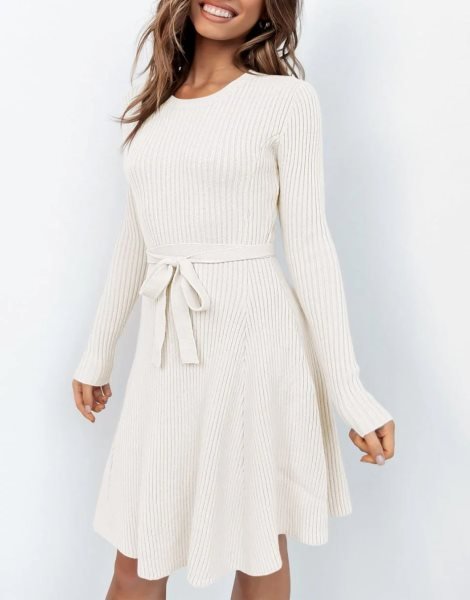 Women's Crewneck Long Sleeve Tie Waist A-Line Swing Bodycon Short Dress Casual Solid Ribbed Knit Sweater Dress