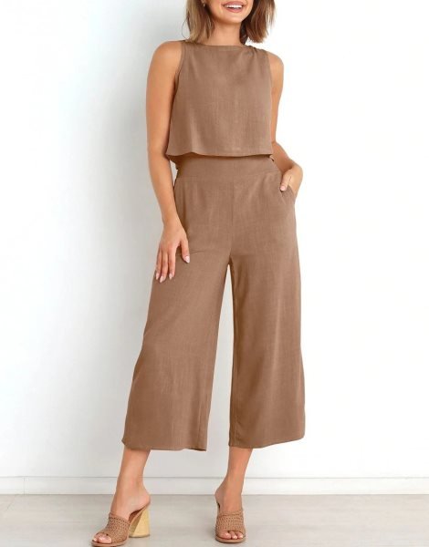 Sleeveless Tank Crop Button Back Top Cropped Pants Set With Pockets