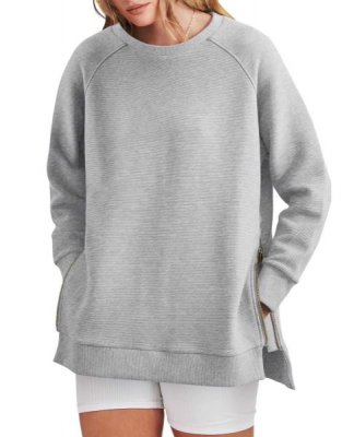 Women's Sweatshirts Long Sleeve Tunic Tops Crew Neck Soft Pullover With Side Zipper Shirt Clothes 2023