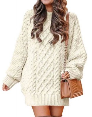 Women 2023 Fall Crewneck Long Sleeve Oversized Cable Knit Chunky Pullover Short Sweater Dresses