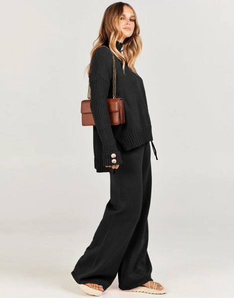 Women's Two Piece Outfits Sweater Sets Long Sleeve Knit Pullover and Wide Leg Pants Lounge Sets