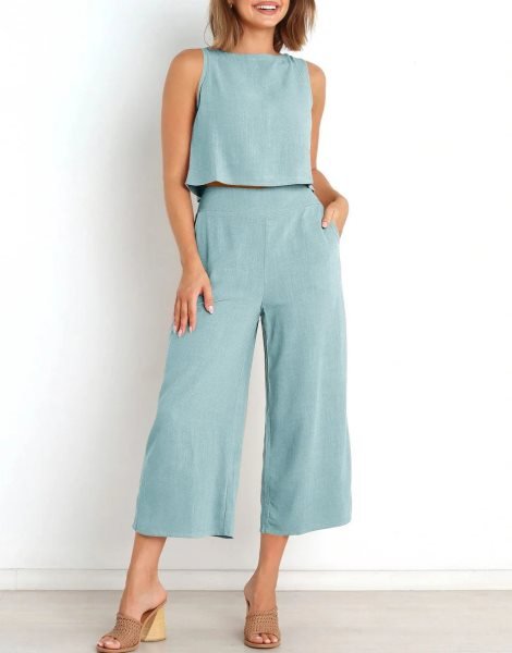 Sleeveless Tank Crop Button Back Top Cropped Pants Set With Pockets